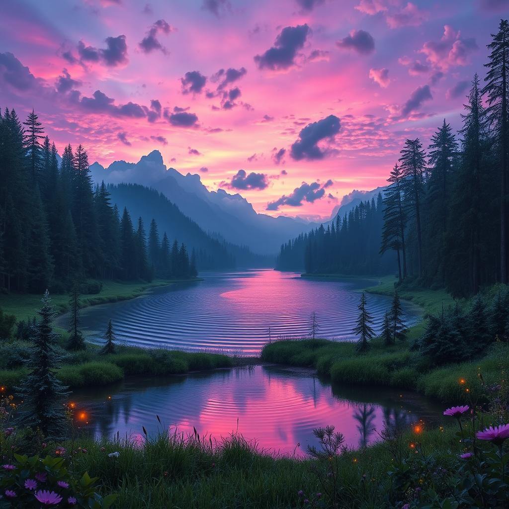 A serene landscape featuring a vast mystical forest at twilight, with vibrant hues of purples and blues in the sky, dotted with fluffy clouds