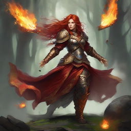 A fiery redhead dwarven female kineticist, unarmed and resplendent in heavy armor, orchestrates a swirling current of air, rich with levitating leaves and rocks, creating a captivating spectacle of her elemental bond.