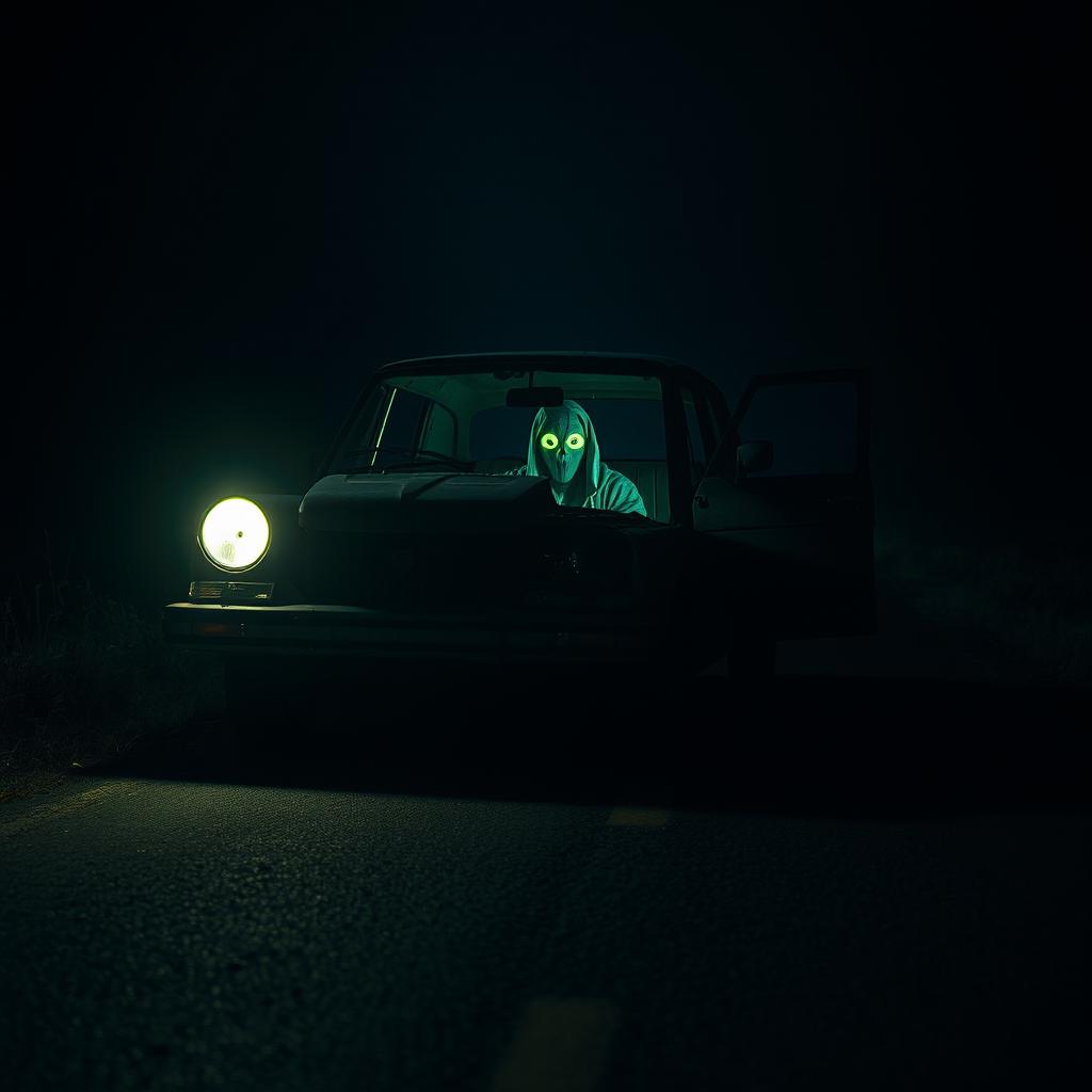A dimly lit, abandoned road at night, evoking a haunting atmosphere