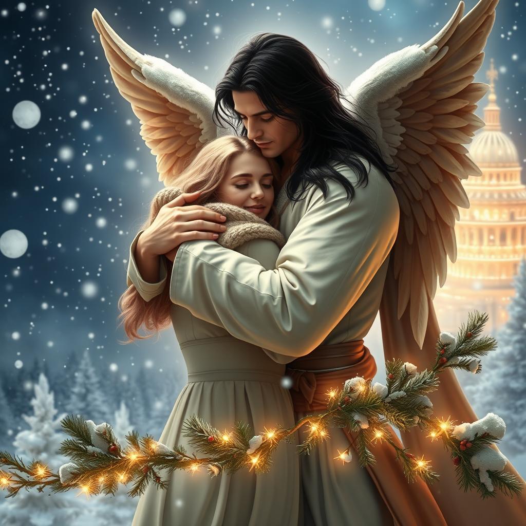 A strikingly handsome Archangel Michael with long flowing black hair embraces a young blonde woman in a warm, affectionate hug