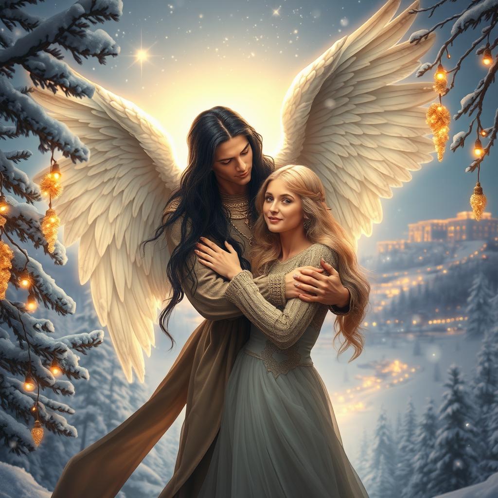 A majestic Archangel Michael with long flowing black hair embraces a beautiful young blonde woman in a heavenly winter scene