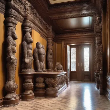 The luxurious mansion was adorned with intricate wood carvings depicting anthropoid apes, adding a touch of elegance to the interior design.
