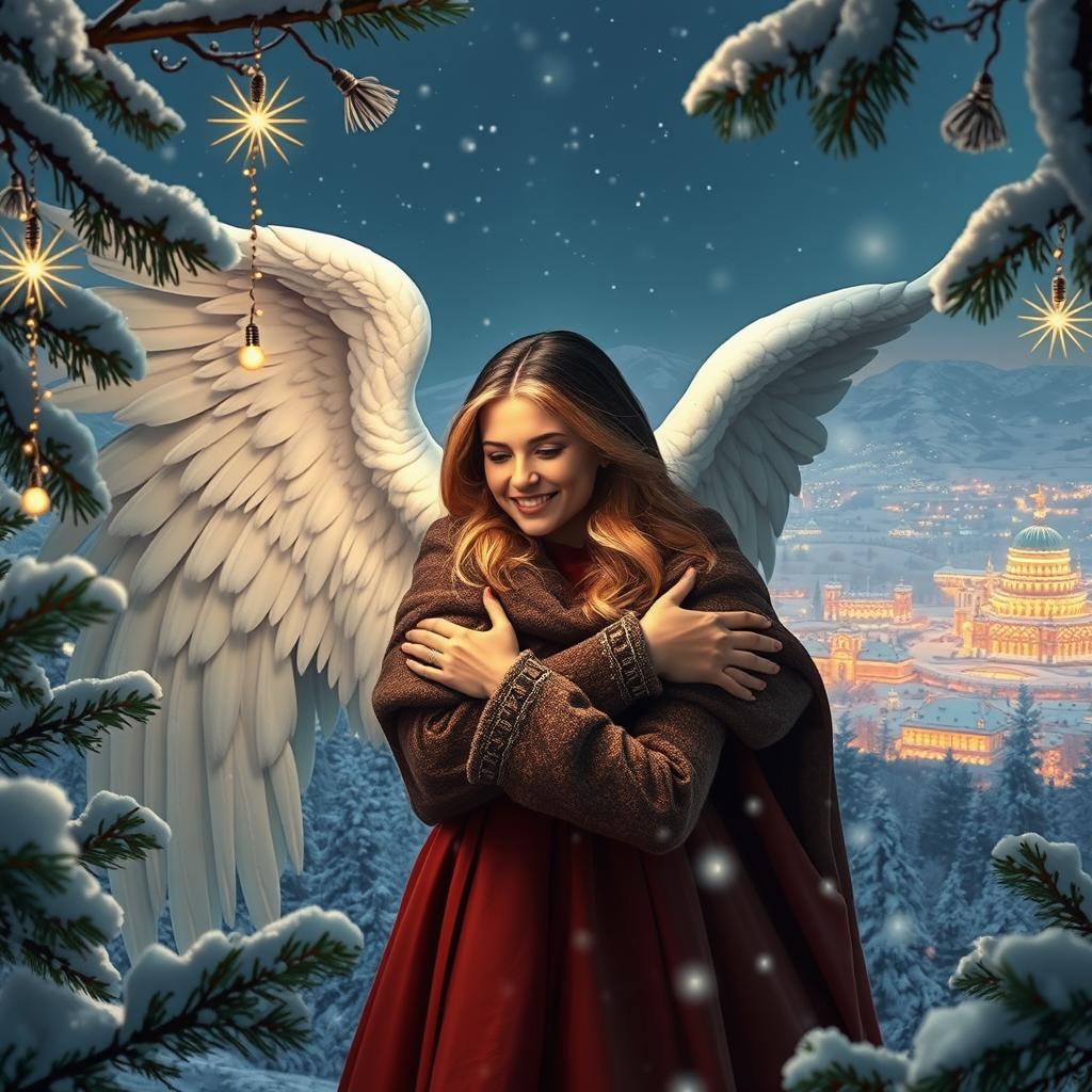 A handsome Archangel Michael with long black hair embraces a young blonde woman in a serene, heavenly winter world