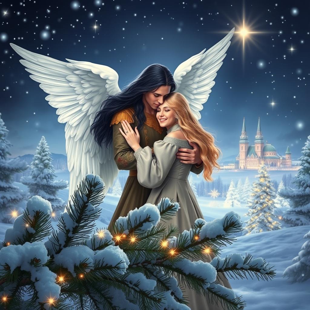 A handsome Archangel Michael with long black hair embraces a young blonde woman in a snowy winter wonderland, capturing the essence of Christmas night