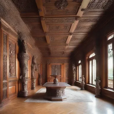 The luxurious mansion was adorned with intricate wood carvings depicting anthropoid apes, adding a touch of elegance to the interior design.