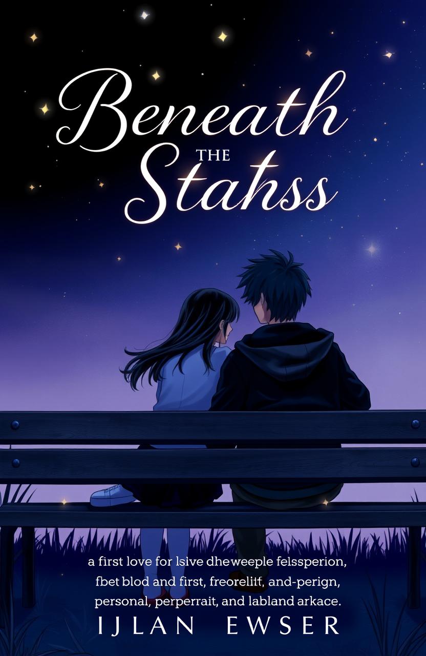 A captivating book cover image depicting a girl and a boy sitting on a park bench under a serene, starry sky