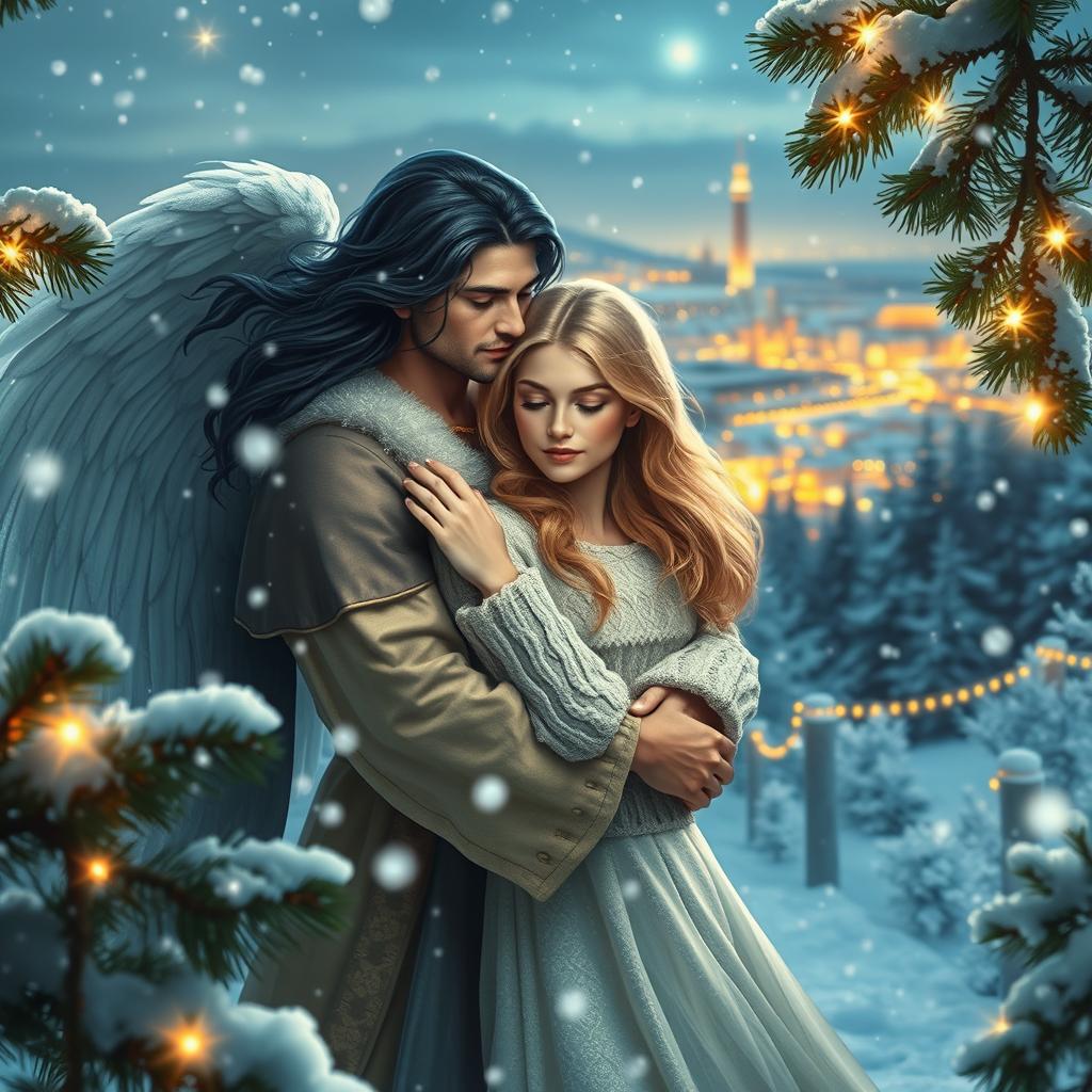 A handsome Archangel Michael with flowing long black hair is embracing a young blonde woman in a heavenly winter landscape