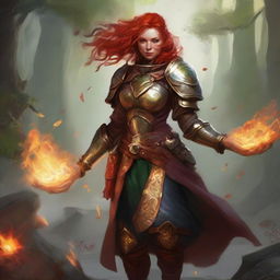 A fiery redhead dwarven female kineticist, unarmed and resplendent in heavy armor, orchestrates a swirling current of air, rich with levitating leaves and rocks, creating a captivating spectacle of her elemental bond.