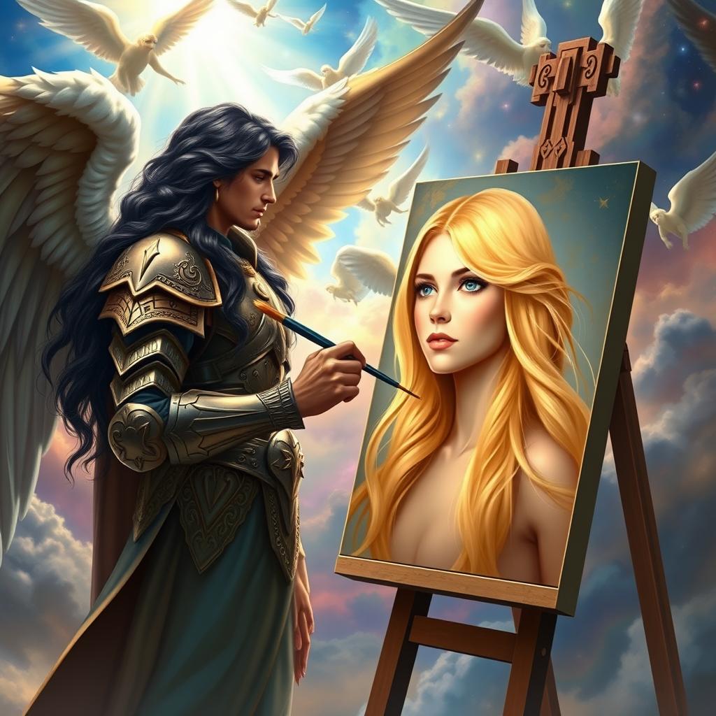 Archangel Michael with long flowing black hair stands confidently at an easel, holding a paintbrush, deeply focused on painting a portrait of a young woman with long golden blonde hair, delicate features, and bright blue eyes