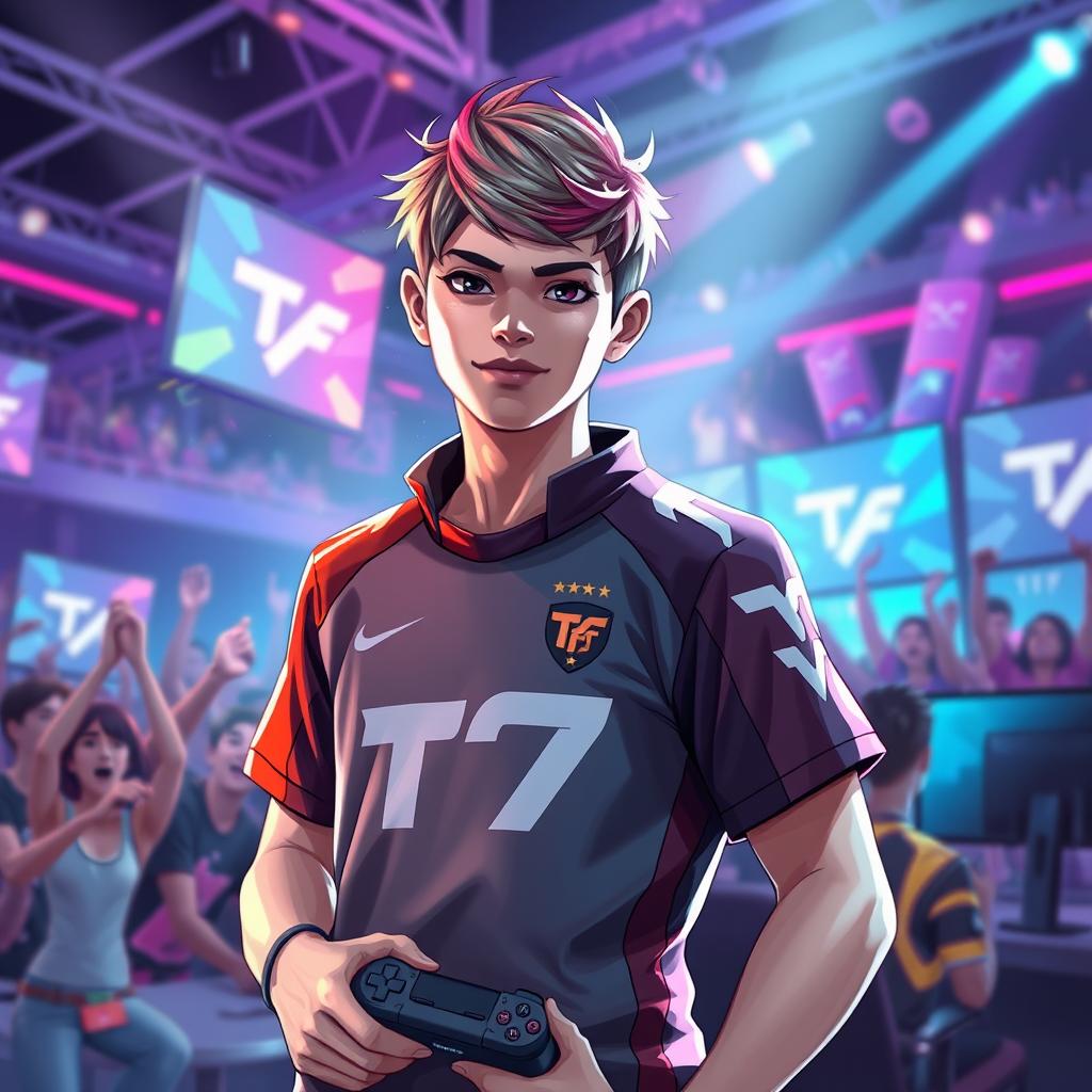 A dynamic and energetic digital art piece featuring a confident esports player standing in an esports uniform representing the TF7 team