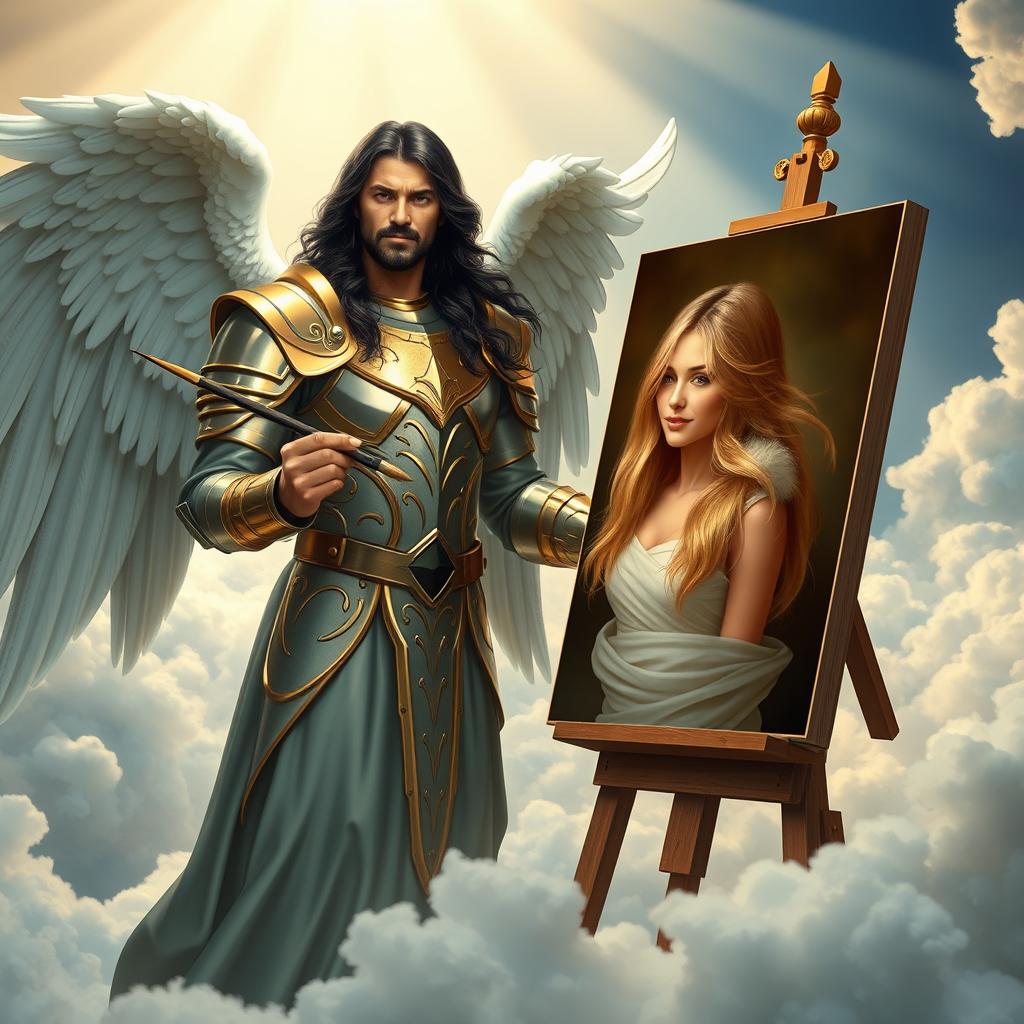 Archangel Michael, a majestic figure with long, flowing black hair, stands confidently at a large easel