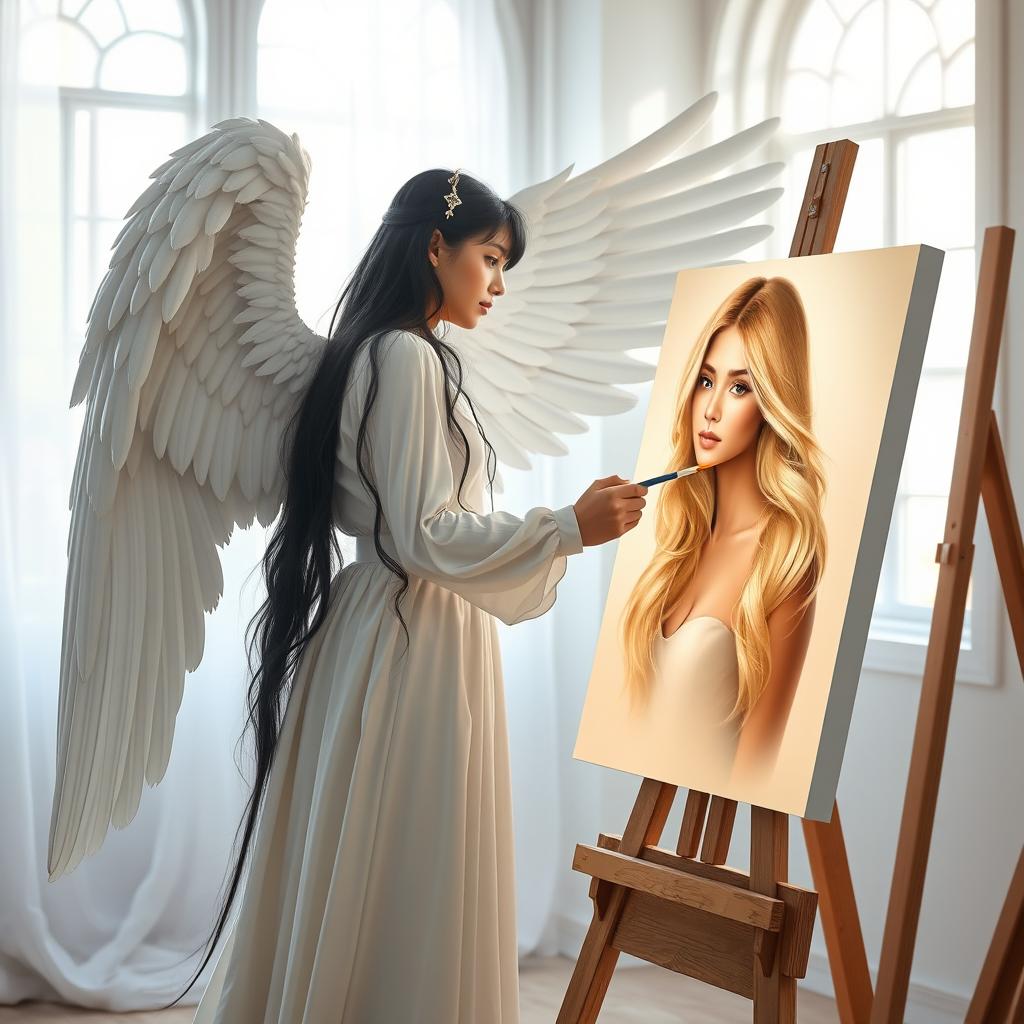 An archangel with long black hair stands confidently at an easel, passionately painting a portrait of a young blonde woman