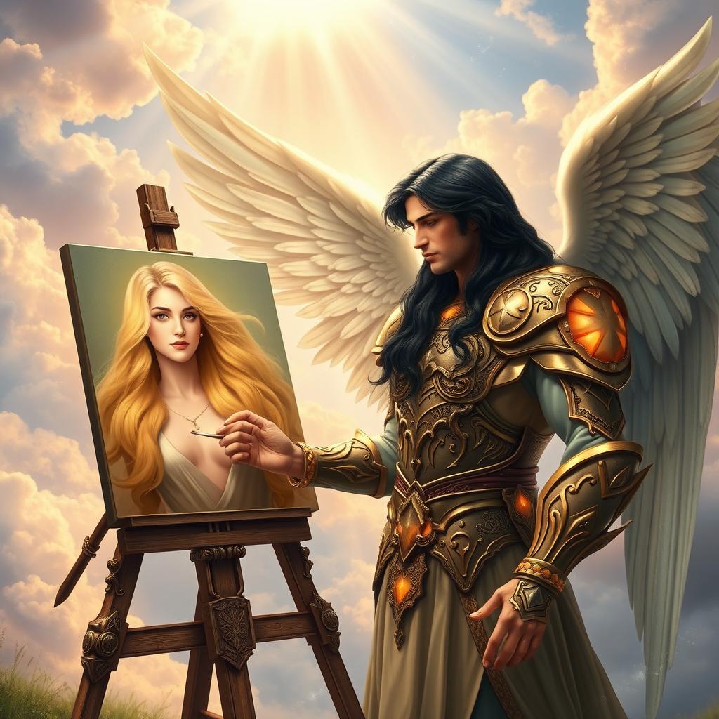 Archangel Michael, with long flowing black hair and majestic wings, stands confidently at an easel, deeply focused on painting a portrait of a young blonde woman