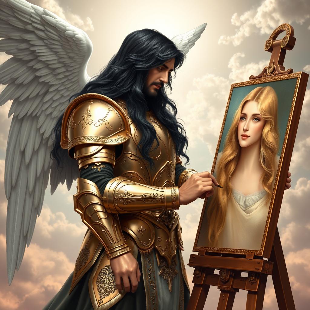 A majestic Archangel Michael with long, flowing black hair stands confidently at an easel, engrossed in painting a portrait
