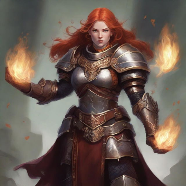 A striking redhead dwarven female kineticist, unarmed and void of fire control, clad in her formidable heavy armor, commands a powerful current of air, carrying an array of floating leaves and rocks, swirling intricately around her.