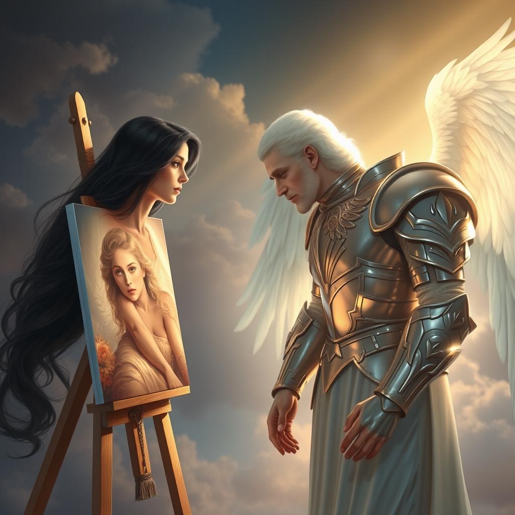 An ethereal depiction of Archangel Michael with long flowing black hair, standing gracefully at an easel
