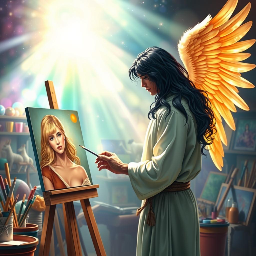 Archangel Michael with majestic wings and long flowing black hair stands confidently at an easel, concentrating deeply as he paints a beautiful portrait of a young blonde woman