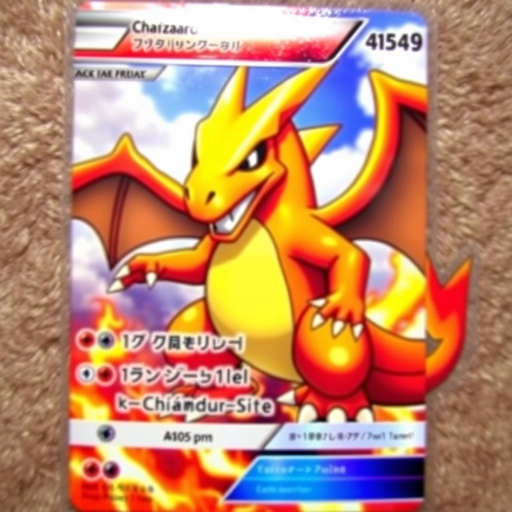 A vibrant Pokémon card featuring a character with the head of a fierce dragon-like creature, having strong, fiery orange and red hues resembling Charizard