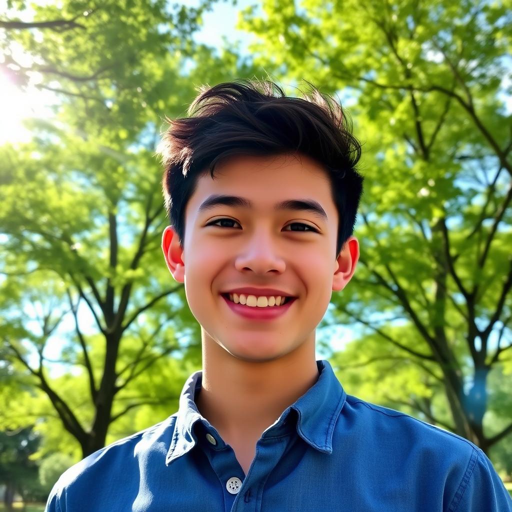 A portrait of a confident young adult with short dark hair, wearing a casual blue shirt, standing in a sunlit park