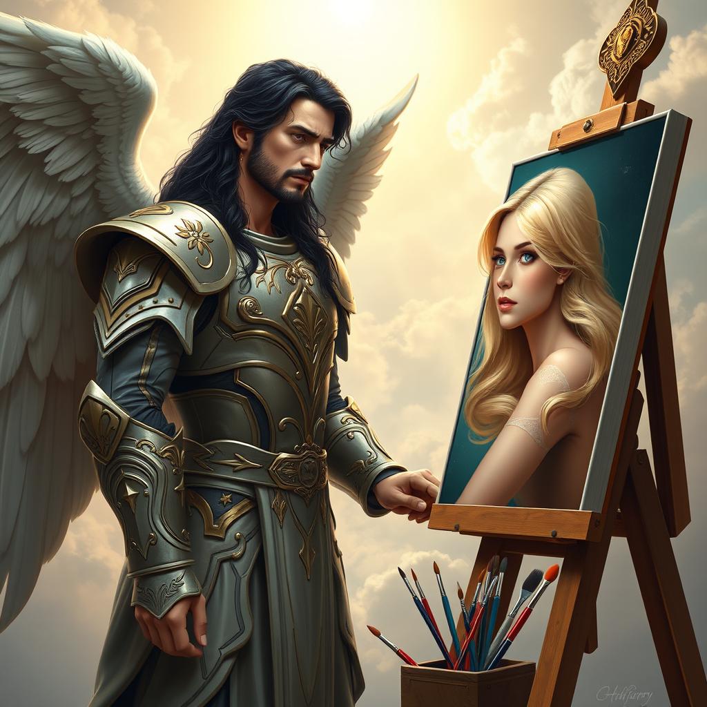 An imposing figure depicting Archangel Michael with long black hair, robust wings, and a striking presence, stands confidently at an easel