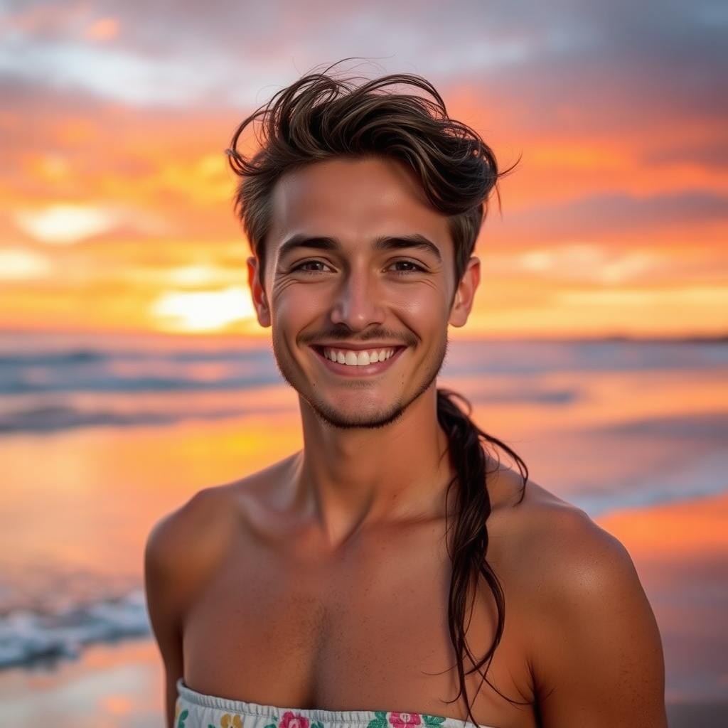 A portrait of a confident individual with specific features as described