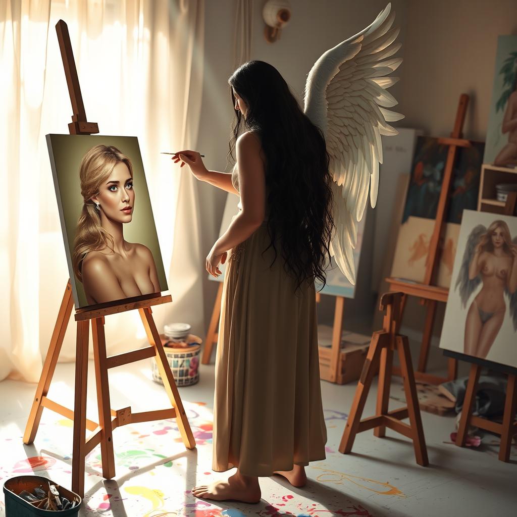An artistic scene featuring Archangel Michael, depicted as a strong figure with long black hair, standing at an easel