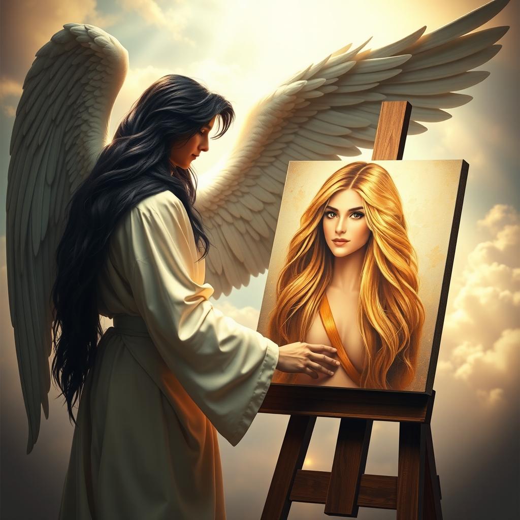 An angelic figure of Archangel Michael with long, flowing black hair stands captivatingly at an easel in a serene setting, deeply focused as he paints a vivid portrait of a young woman with beautiful, long blonde hair