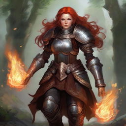 A striking redhead dwarven female kineticist, unarmed and void of fire control, clad in her formidable heavy armor, commands a powerful current of air, carrying an array of floating leaves and rocks, swirling intricately around her.