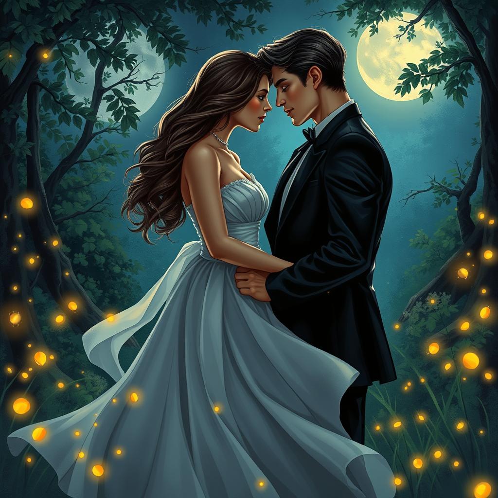 A romantic scene illustrating an intense, forbidden love story, featuring two passionate lovers gazing deeply into each other's eyes in a moonlit setting