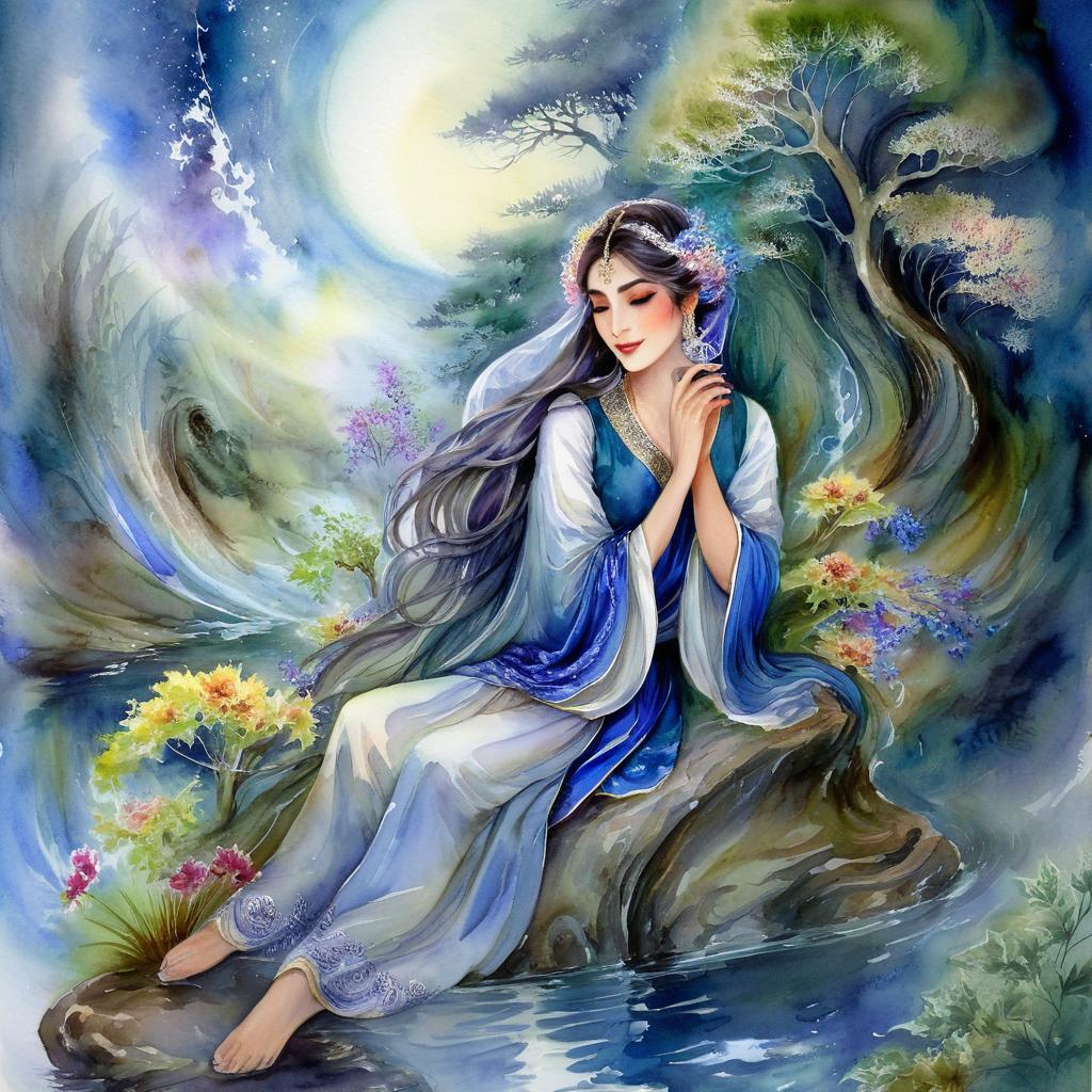 Mystical and spiritual watercolor painting of a beautiful Iranian woman sitting on a rock on a beautiful and peaceful pond in a dense forest with cypress trees, plane trees, grapevines, winding bonsai trees, and a whirlwind of colorful flowers and beautiful.
