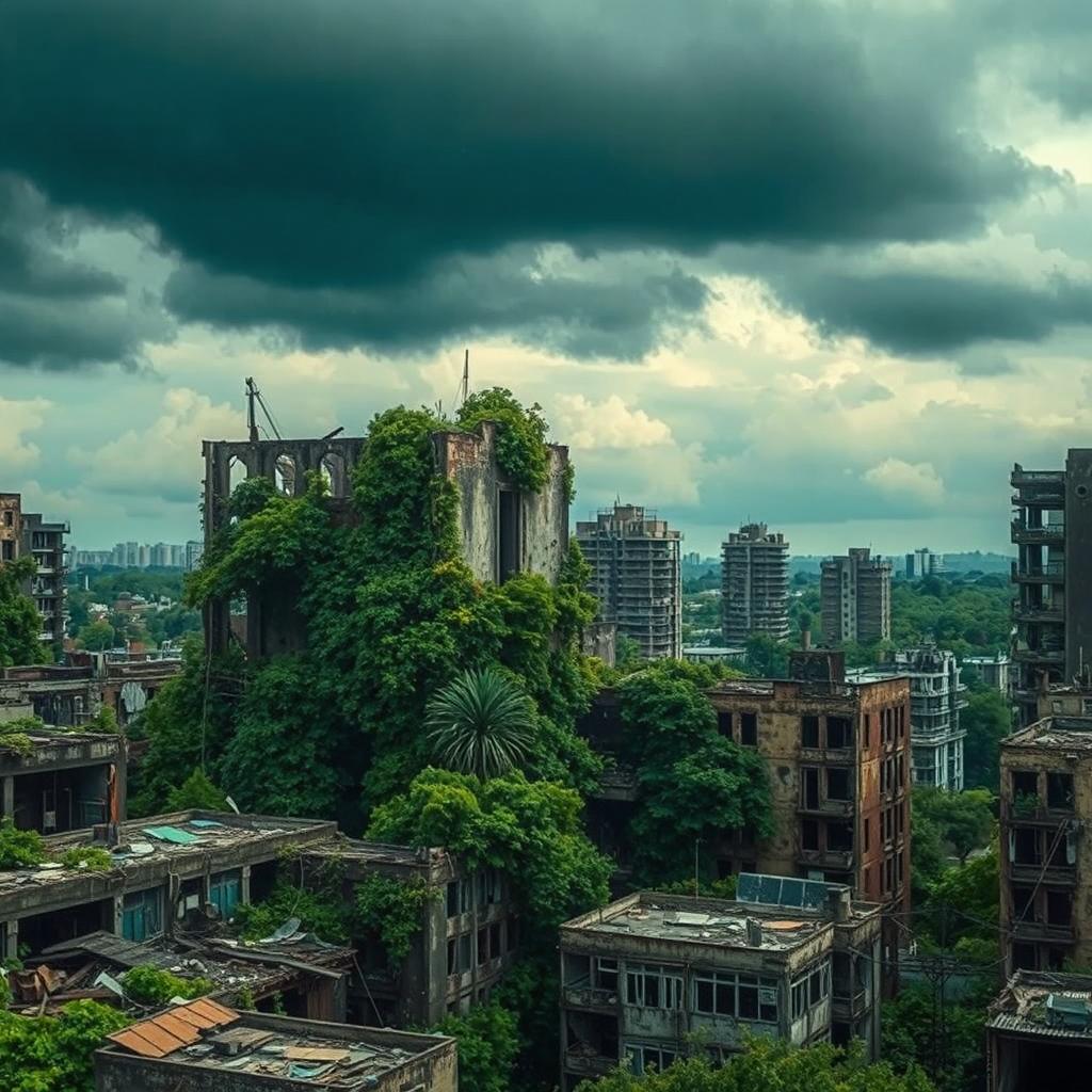 A shocking urban landscape of an apocalypse in a parallel world, depicting a city in ruins with crumbling buildings overgrown with nature, illustrating the theory of destruction