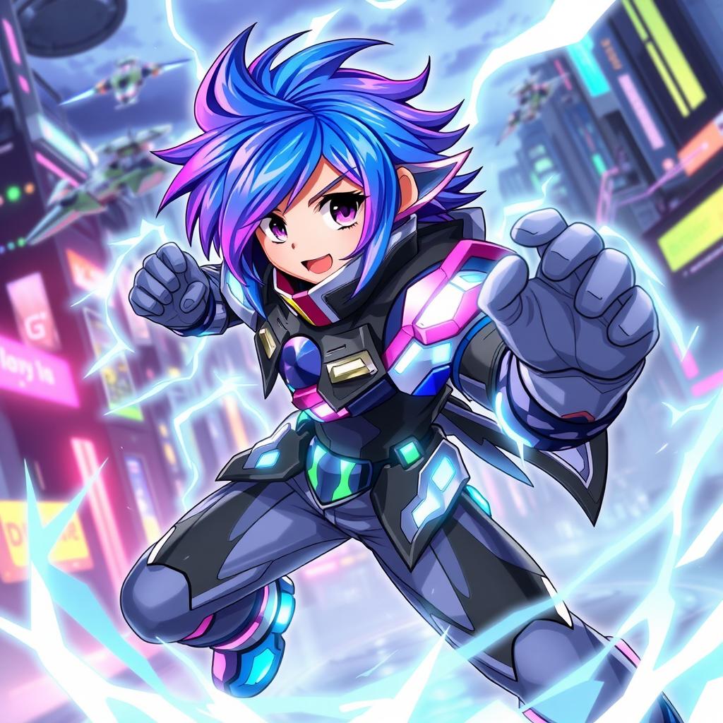 An anime-style character design featuring a dynamic and colorful fighter, showcasing vibrant hair colors like blue and purple, wearing a stylish high-tech armor with glowing accents