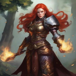 A striking redhead dwarven female kineticist, unarmed and void of fire control, clad in her formidable heavy armor, commands a powerful current of air, carrying an array of floating leaves and rocks, swirling intricately around her.