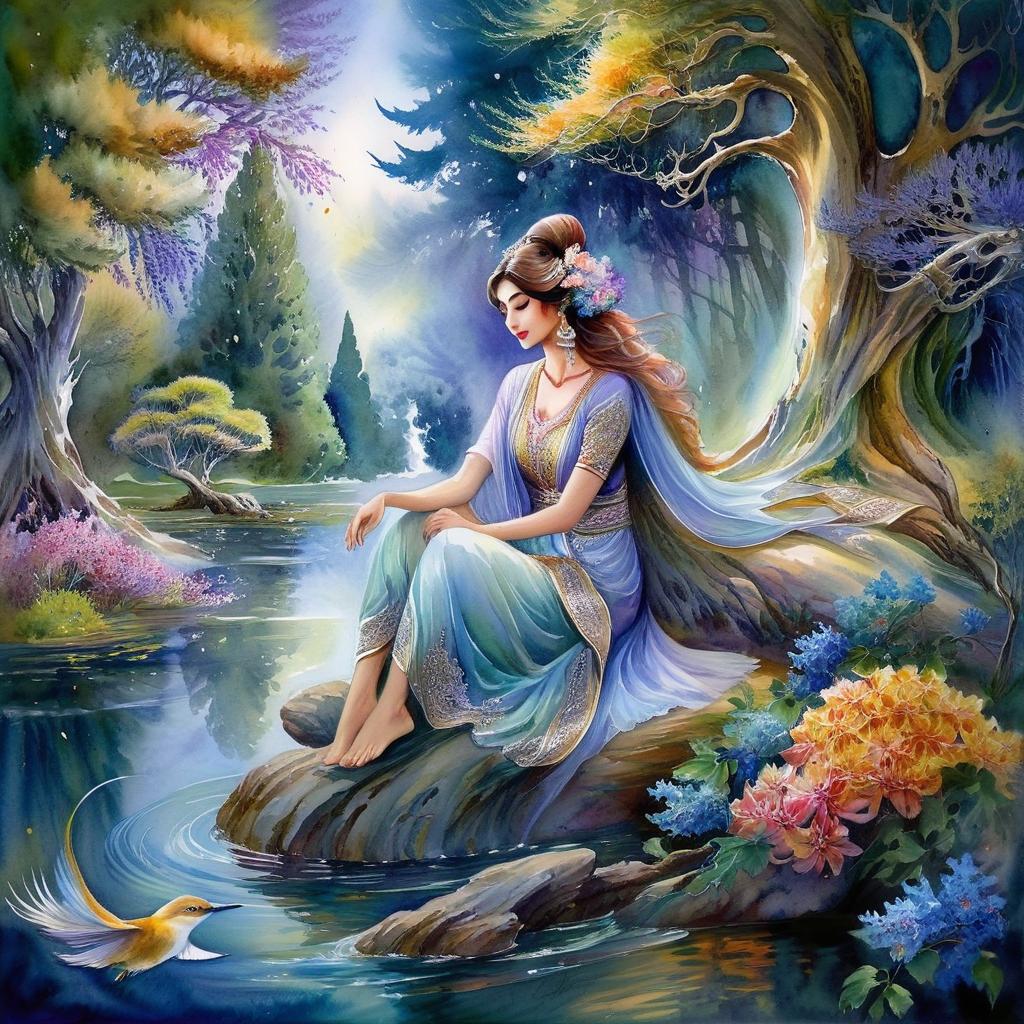Mystical and spiritual watercolor painting of a beautiful Iranian woman sitting on a rock on a beautiful and peaceful pond in a dense forest with cypress trees, plane trees, grapevines, winding bonsai trees, and a whirlwind of colorful flowers and beautiful.