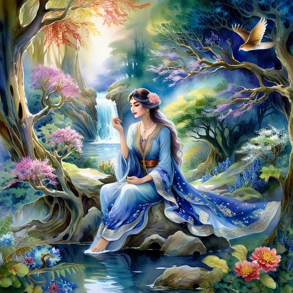 Mystical and spiritual watercolor painting of a beautiful Iranian woman sitting on a rock on a beautiful and peaceful pond in a dense forest with cypress trees, plane trees, grapevines, winding bonsai trees, and a whirlwind of colorful flowers and beautiful.