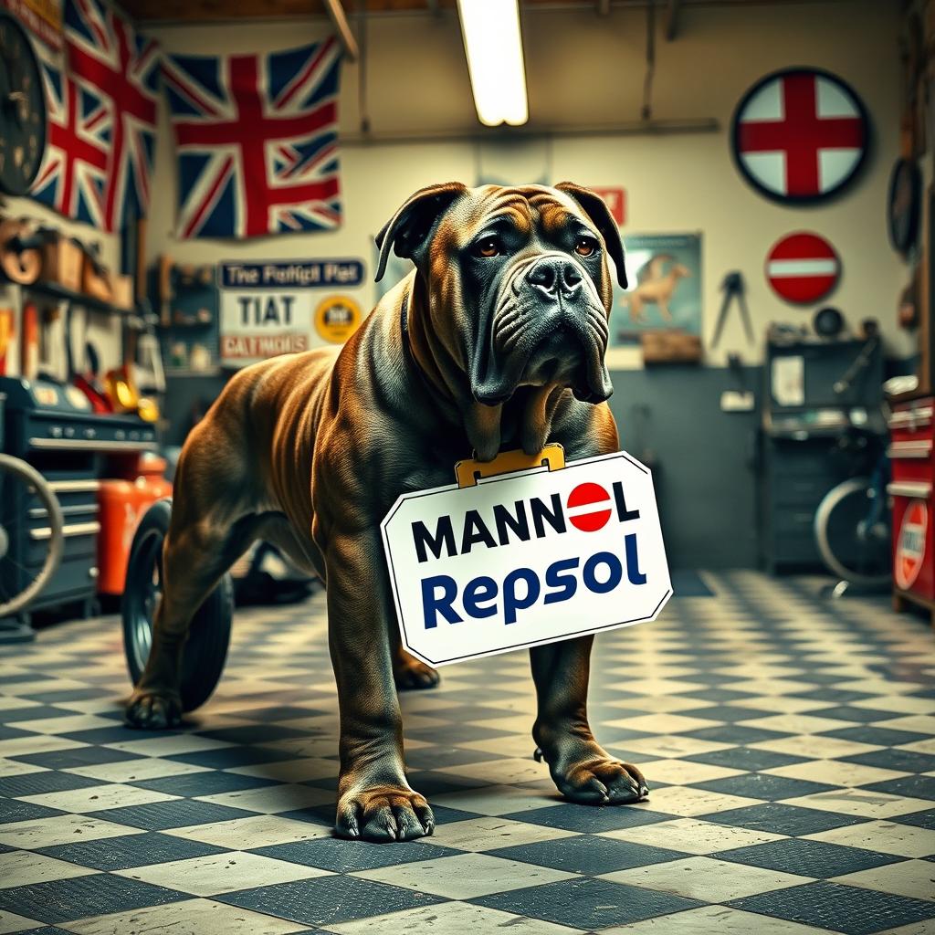 A Mutt Mastiff with a muscular build, prominently displayed in an old 1960s garage, surrounded by vintage garage tools and decor