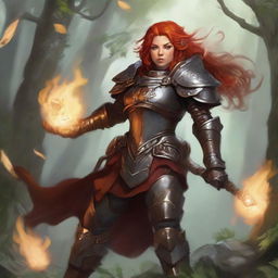 A striking redhead dwarven female kineticist, unarmed and void of fire control, clad in her formidable heavy armor, commands a powerful current of air, carrying an array of floating leaves and rocks, swirling intricately around her.