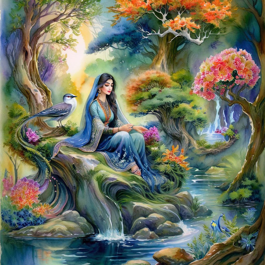 Mystical and spiritual watercolor painting of a beautiful Iranian woman sitting on a rock on a beautiful and peaceful pond in a dense forest with cypress trees, plane trees, grapevines, winding bonsai trees, and a whirlwind of colorful flowers and beautiful.