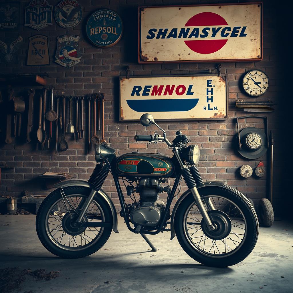 A vintage motorcycle, specifically a Mutt Mastiff 125, parked inside an old Soviet garage from the 1960s