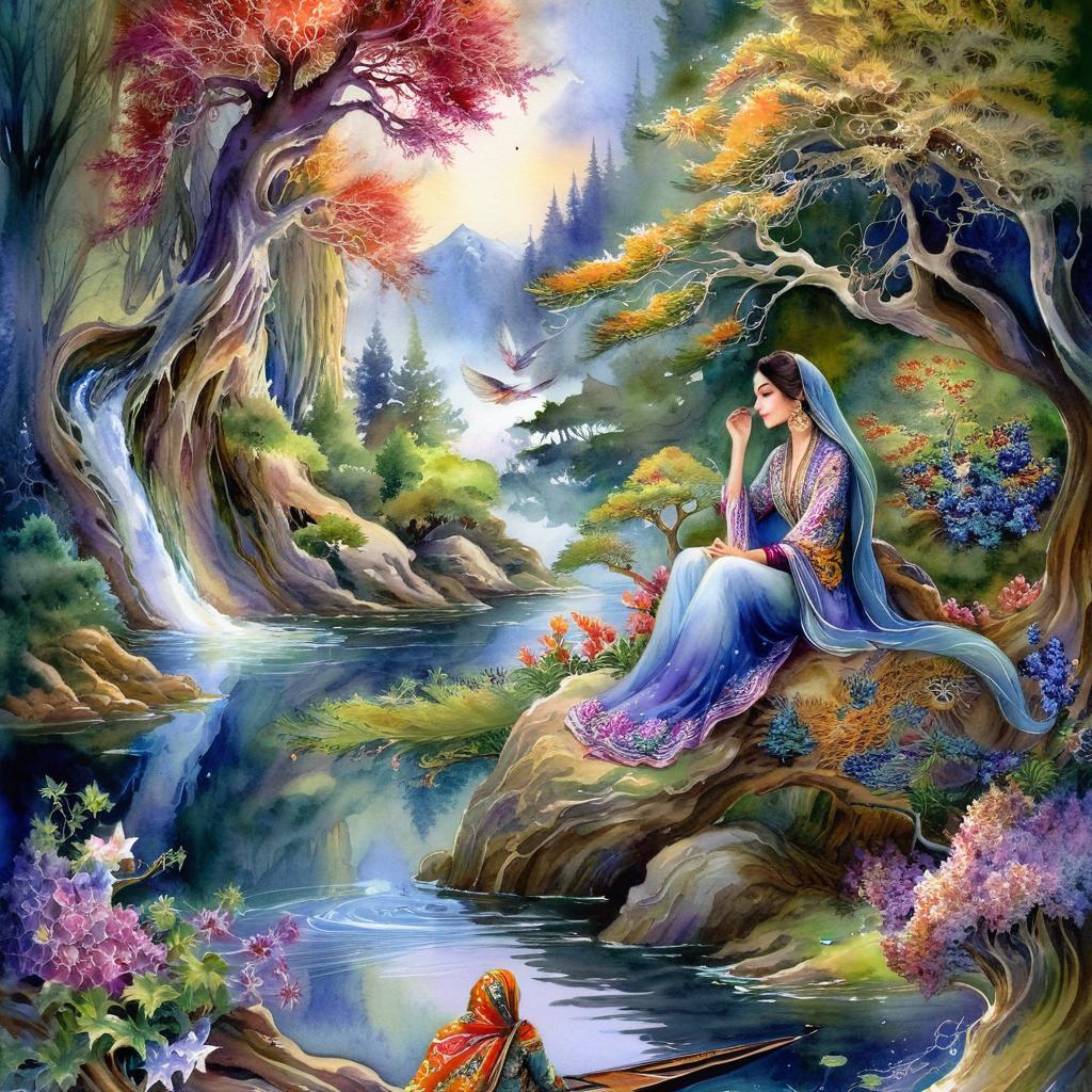 Mystical and spiritual watercolor painting of a beautiful Iranian woman sitting on a rock on a beautiful and peaceful pond in a dense forest with cypress trees, plane trees, grapevines, winding bonsai trees, and a whirlwind of colorful flowers and beautiful.
