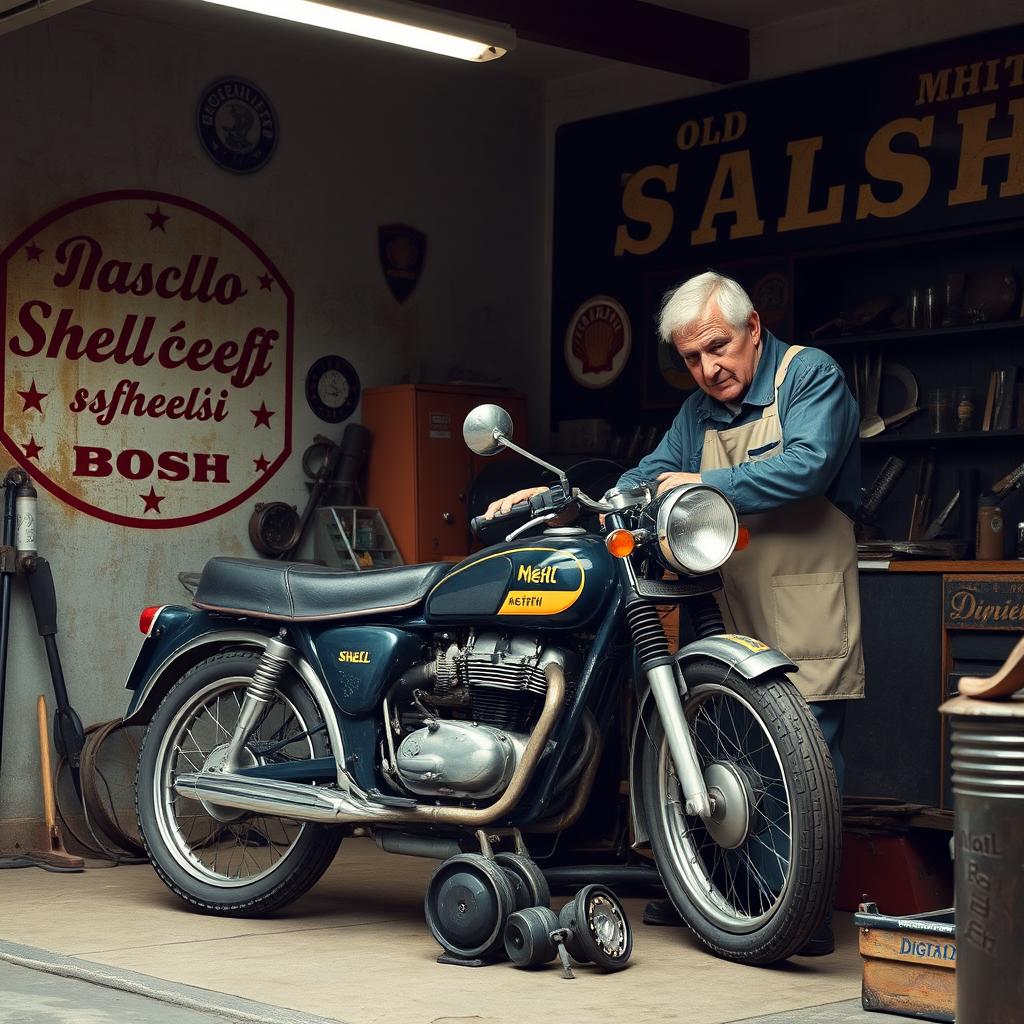 A vintage 1960s Soviet garage showcasing a Motorcycle Mutt Mastiff 125 prominently displayed