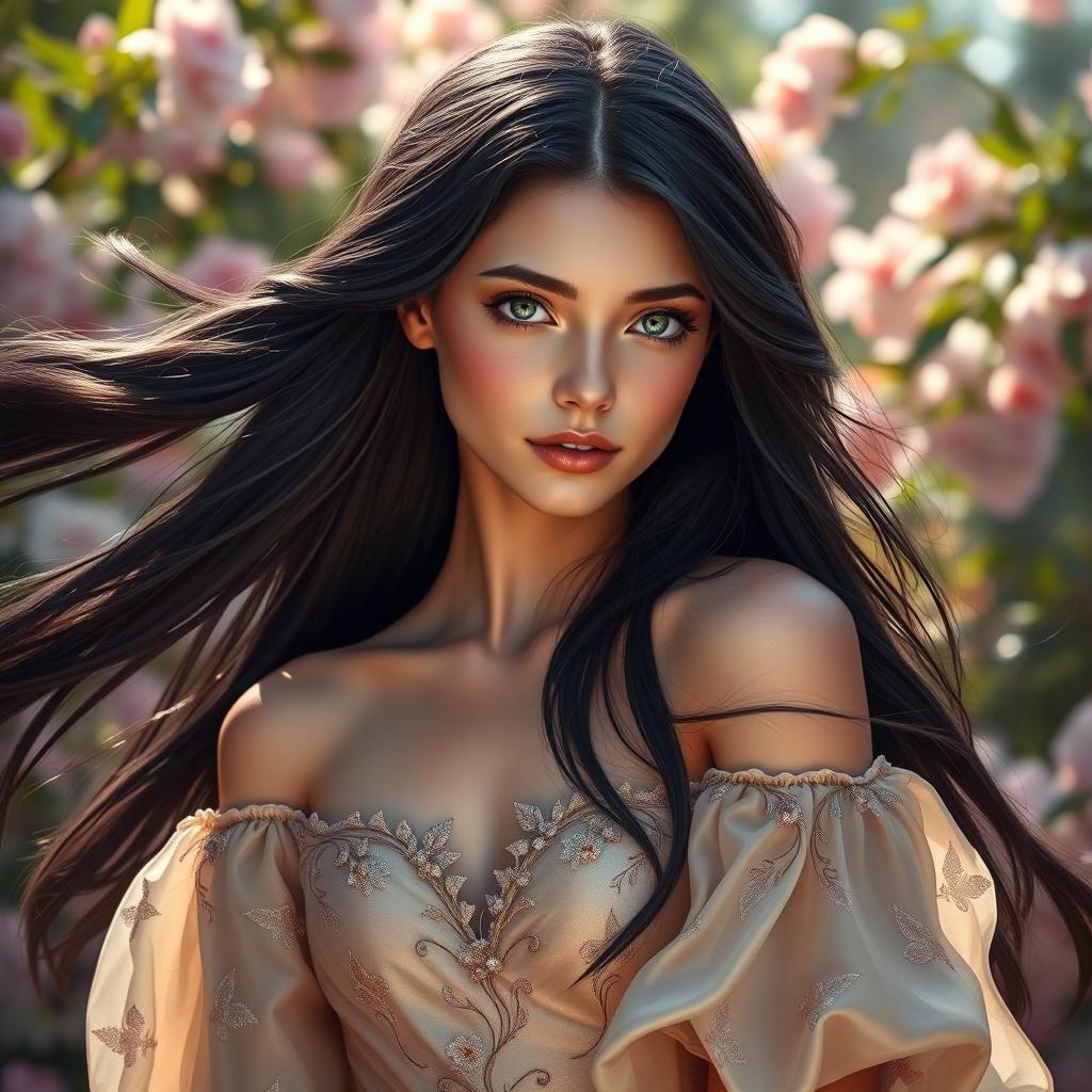 A mesmerizing portrait of a young woman named Xenia, with long flowing dark hair that cascades around her shoulders