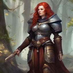 A charismatic redhead dwarven female kineticist, unarmed, majestically cloaked in robust heavy armor, manipulates her control over wood and earth elements to command leaves and rocks swirling in a vibrant wind current around her.