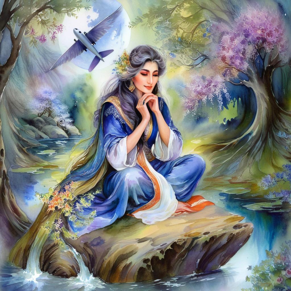 Mystical and spiritual watercolor painting of a beautiful Iranian woman sitting on a rock on a beautiful and peaceful pond in a dense forest with cypress trees, plane trees, grapevines, winding bonsai trees, and a whirlwind of colorful flowers and beautiful.