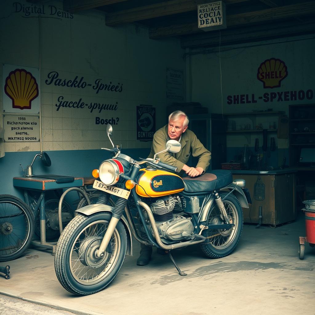 A vintage scene depicting a Motorcycle Mutt Mastiff 125 parked in an old 1960s Soviet garage