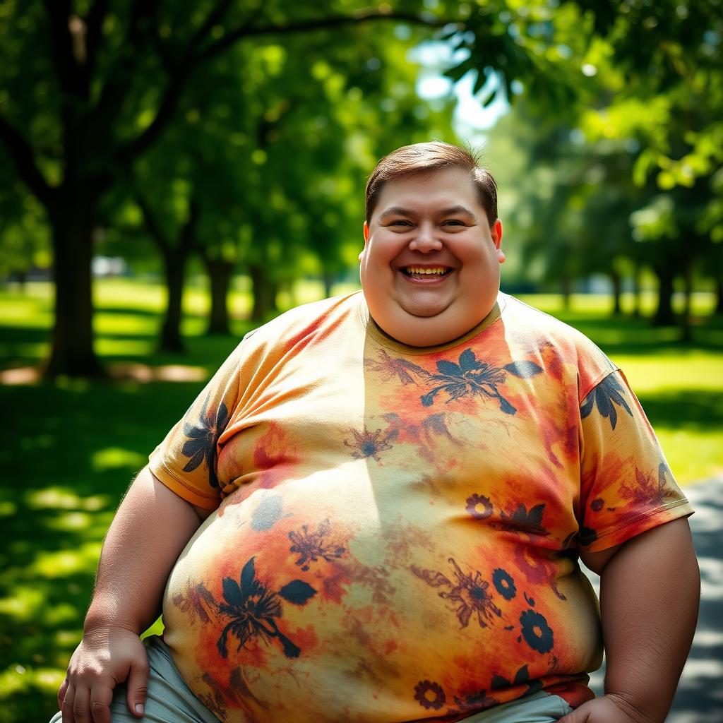 A portrait of an extremely overweight man weighing around 300kg, displaying a jovial and friendly expression