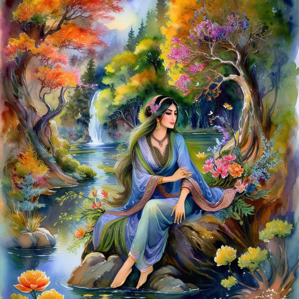 Mystical and spiritual watercolor painting of a beautiful Iranian woman sitting on a rock on a beautiful and peaceful pond in a dense forest with cypress trees, plane trees, grapevines, winding bonsai trees, and a whirlwind of colorful flowers and beautiful.