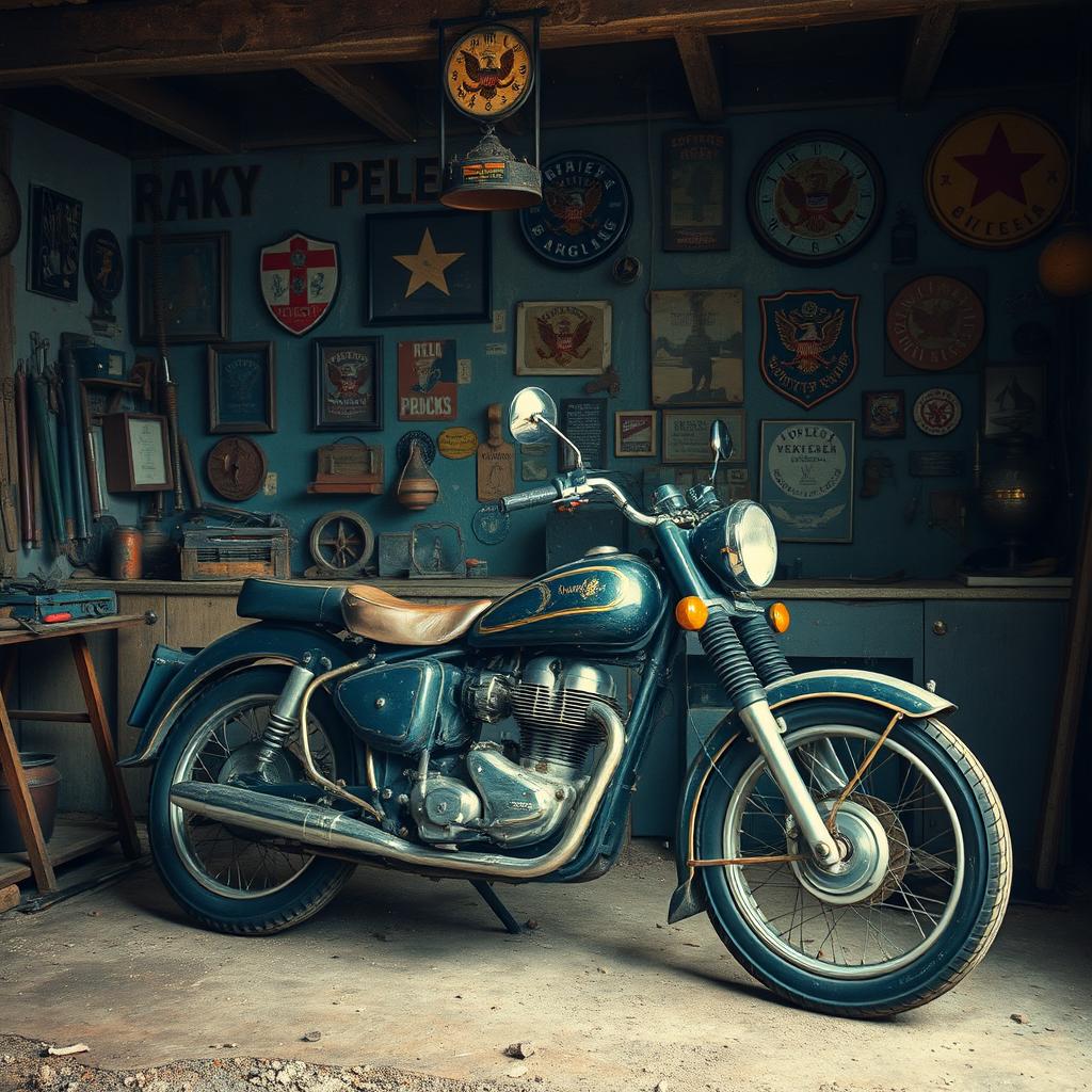 An old motorcycle parked inside a dilapidated Soviet-era garage, surrounded by rusty tools and vintage memorabilia