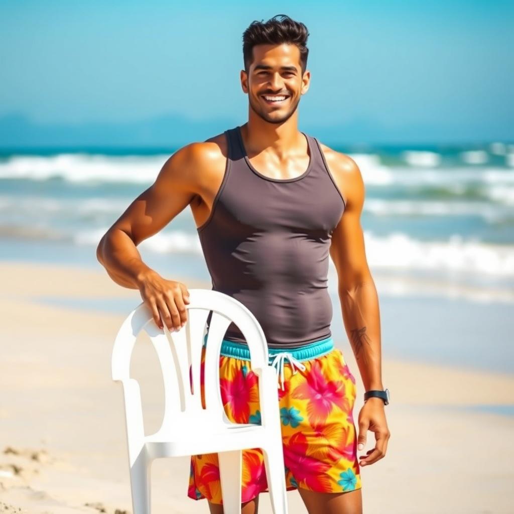 A Middle Eastern man standing confidently, wearing a fitted tank top and vibrant swimming trunks, holding a simple plastic white chair