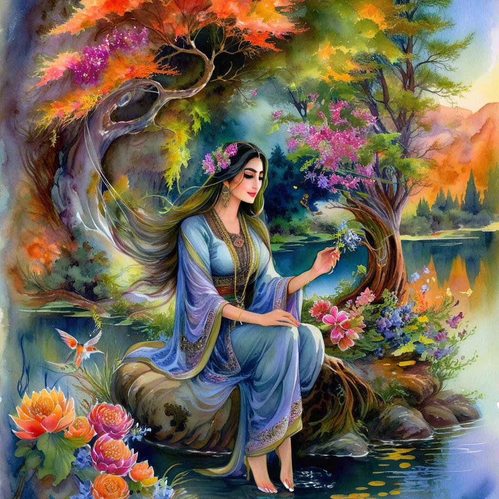 Mystical and spiritual watercolor painting of a beautiful Iranian woman sitting on a rock on a beautiful and peaceful pond in a dense forest with cypress trees, plane trees, grapevines, winding bonsai trees, and a whirlwind of colorful flowers and beautiful.